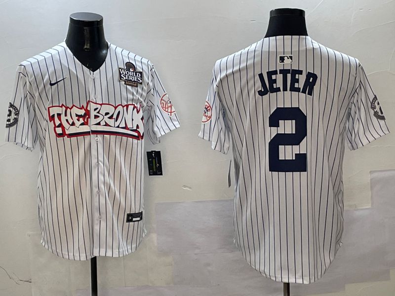 Men New York Yankees 2 Jeter White Stripe four generations Joint Name 2025 Nike MLB Jersey style 3
